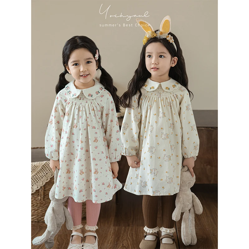 清 幼悠秋二波春秋女童卡通碎花两色翻领连衣裙 LQ0131