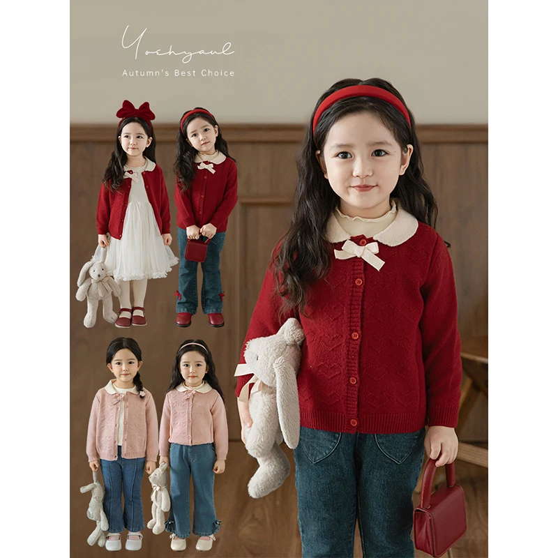 YOEHYAUL/幼悠幼悠【纤柔柔纱】冬一波女童撞色领子毛衣开衫潮Q3443