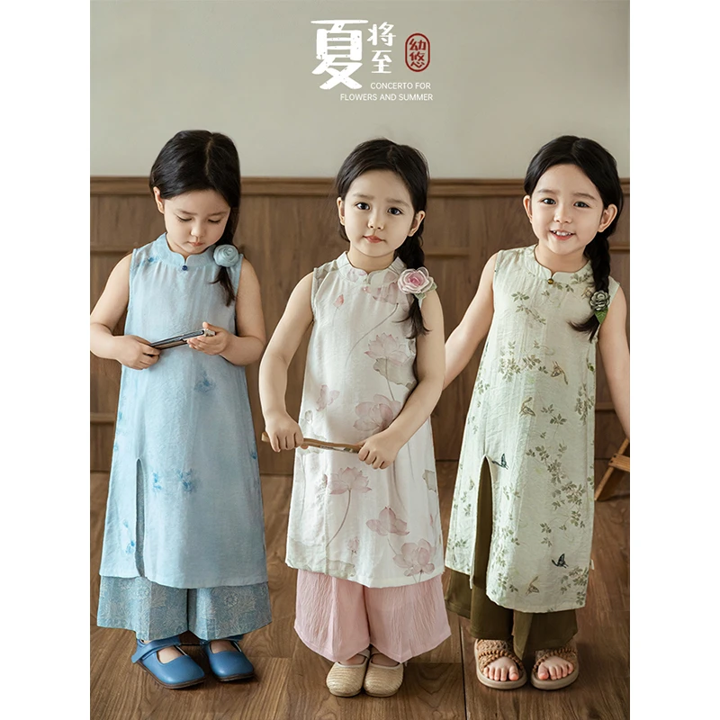 清 幼悠夏三波中式山水印花无袖洋气夏季女宝清新女孩宝宝 LX0134