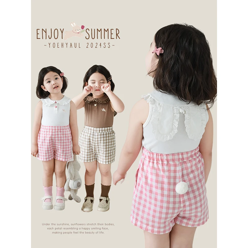 幼悠女童夏五波洋气时尚百搭休闲两件套花边娃娃领可爱套装 X4574