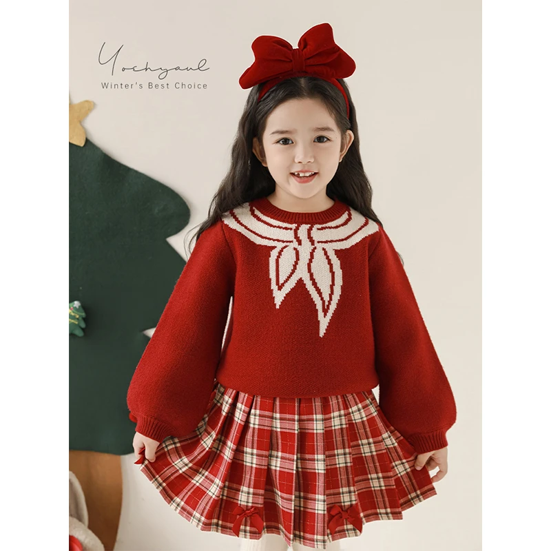 清 YOEHYAUL/幼悠【朝气蓬勃】冬五波红色洋气加厚红领巾毛衣D3727