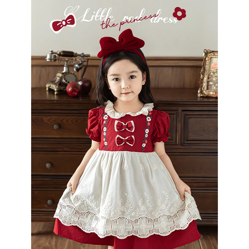 幼悠女童重工满绣拼接罩裙子夏季儿童荷叶翻领蝴蝶结连衣裙X4540