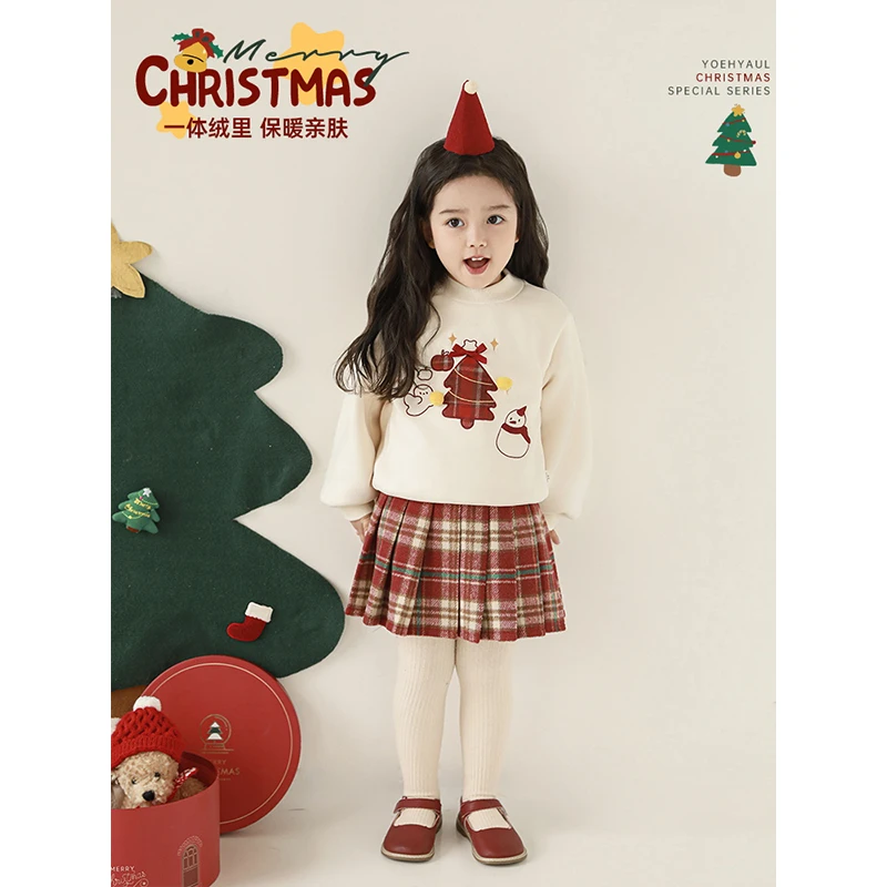 幼悠女童加绒加厚圣诞树绣花卫衣中长款冬季保暖半高领上衣D3959
