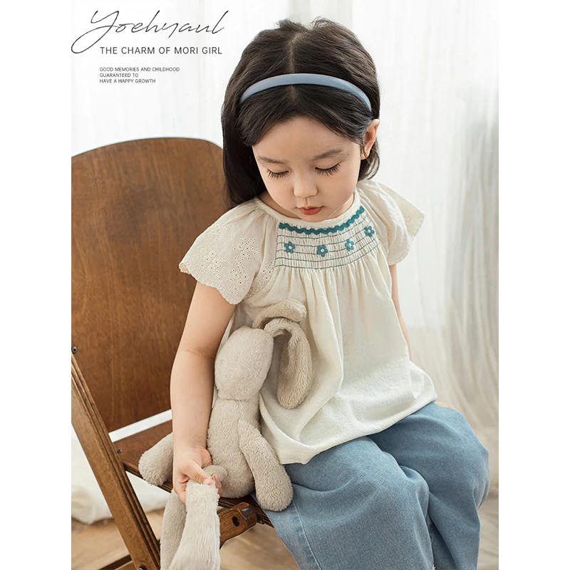 幼悠女童花朵刺绣宽松娃娃衫夏季洋气儿童柔美花边飞袖衬衫X4453