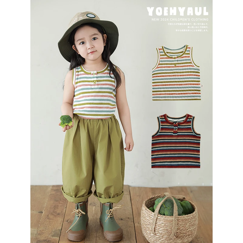 幼悠女童针织条纹背心夏季童装儿童亲肤凉爽修身无袖上衣潮X4521