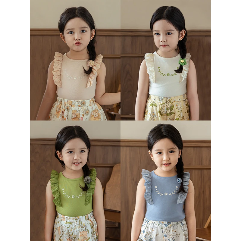 幼悠 夏三波多色撞色卡通花刺绣洋气无袖透气吸汗舒适背心 LX0211