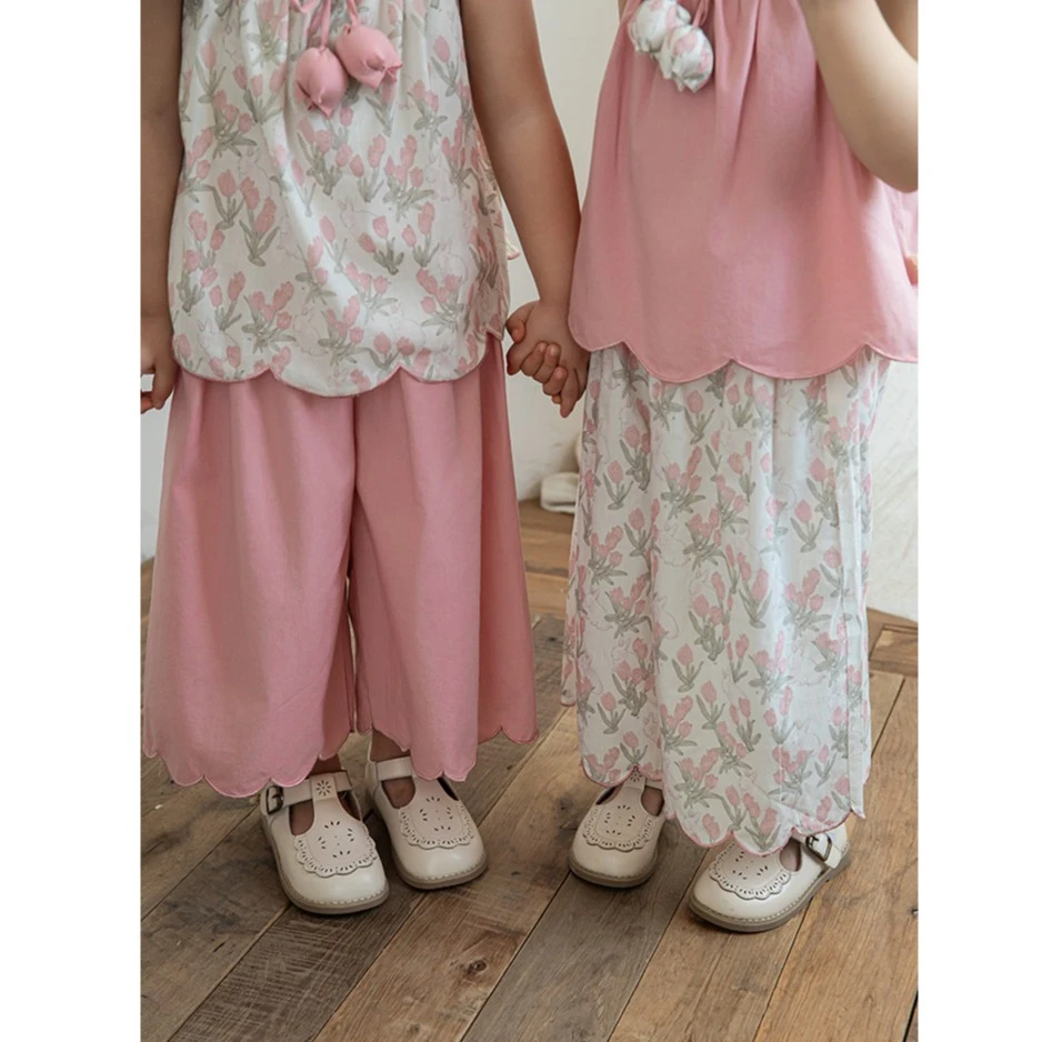 幼悠夏三波女童包边吊带裁片拼接阔腿裤 宝宝夏季洋气裤子 WX0021