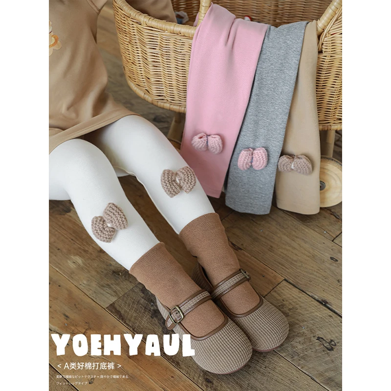 【清】幼悠秋一波春秋洋气四色针织蝴蝶结打底裤潮Q3948