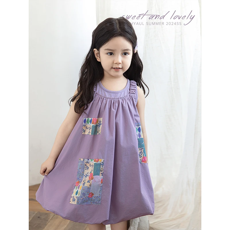 幼悠女童夏四波创意艺术拼布色块裙子 儿童休闲百搭吊带裙 HX0012