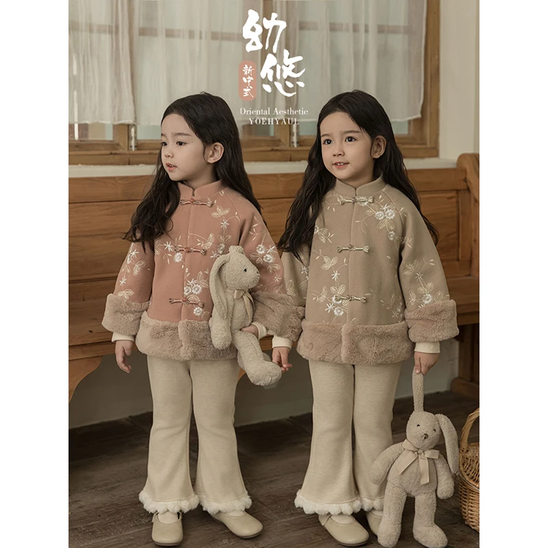 YOEHYAUL/幼悠幼悠【国风刺绣】冬五波女童新中式毛绒毛呢外套D3890