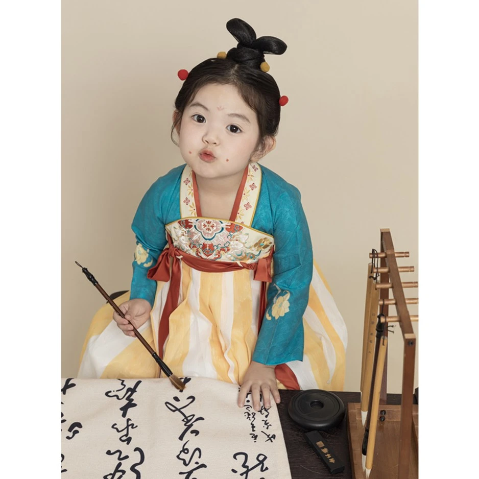 YOEHYAUL/幼悠秋季新款古风中国风汉服连衣裙薄款长袖小女孩Q3444