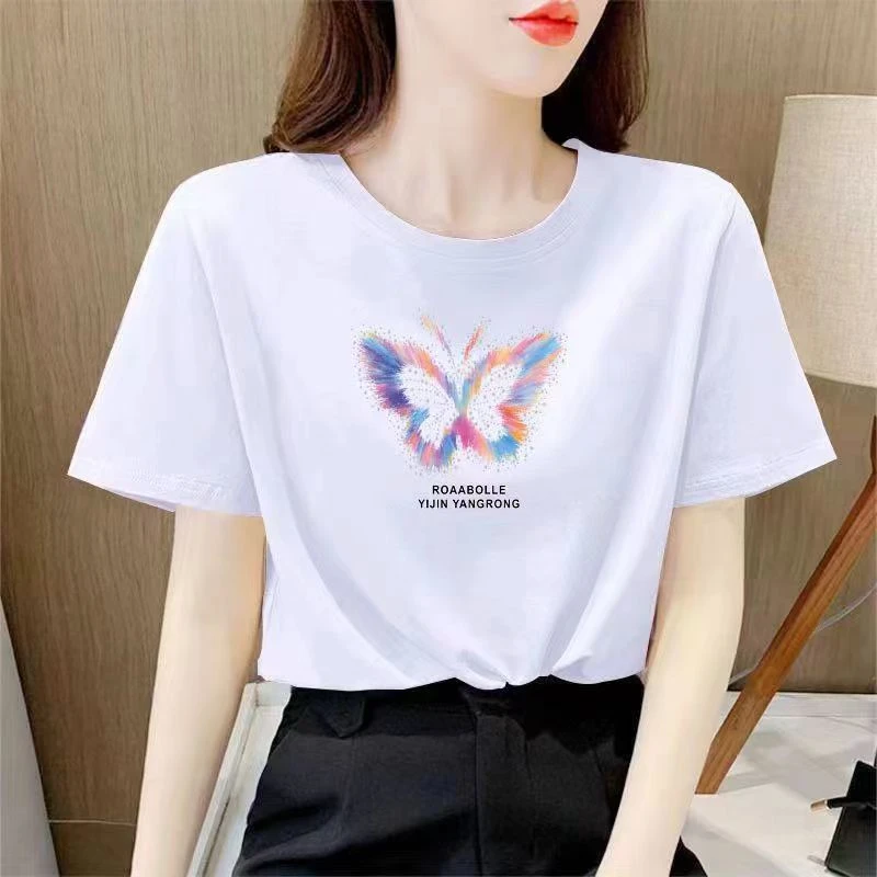 夏季新款纯棉【彩虹蝴蝶】ins短袖T恤白色印花休闲时尚百搭潮流宽松