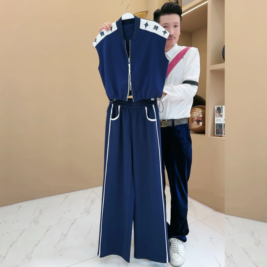 【LIANG哥女装】夏季欧货冰丝清透藏蓝线条感工装风无袖套装3390A