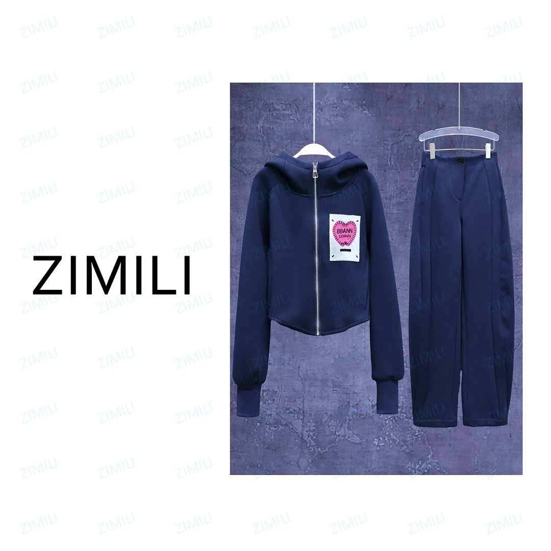 【LIANG哥女装】2024春季藏蓝绣花时尚休闲感连帽减龄潮流套装/1967