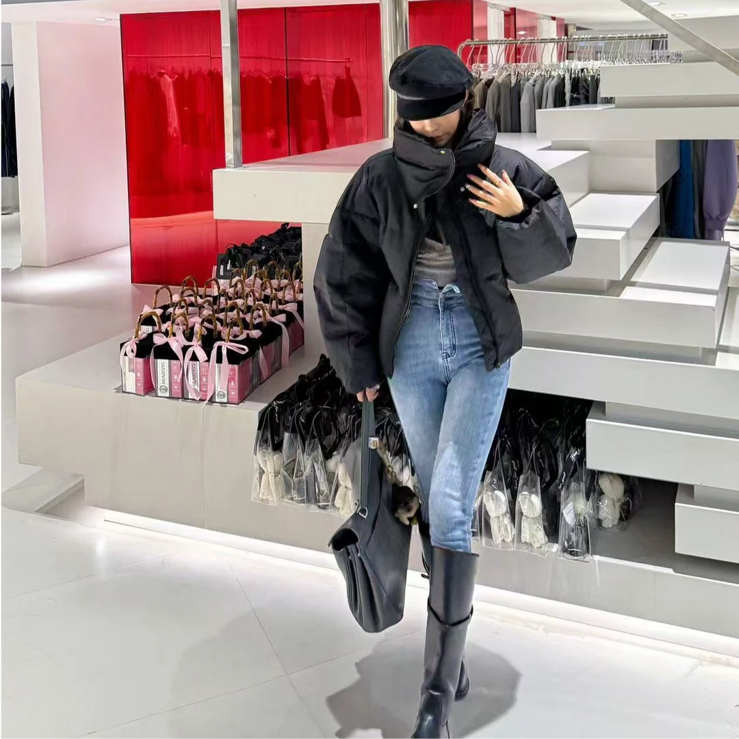 【YKL】气质欧尼黑立领羽羽外套/黑长袖灰色吊带假两件/牛仔小脚裤