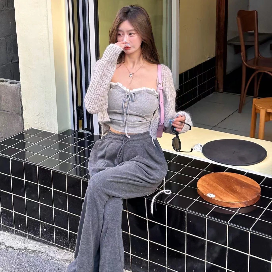 【YKL】慵懒至上智灰冷调灰色花边吊带/浅灰侧绑带开衫/深灰休闲裤