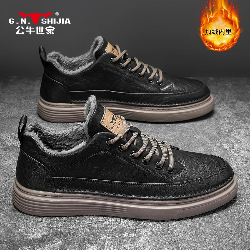 公牛世家冬季新款皮鞋黑色百搭男士秋冬鞋加绒保暖韩版休闲男皮鞋