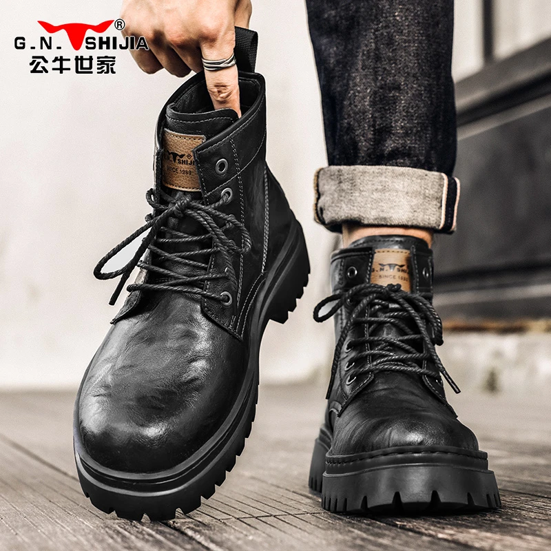 公牛世家男士高帮马丁靴休闲厚底英伦风工装靴男秋冬机车复古靴子
