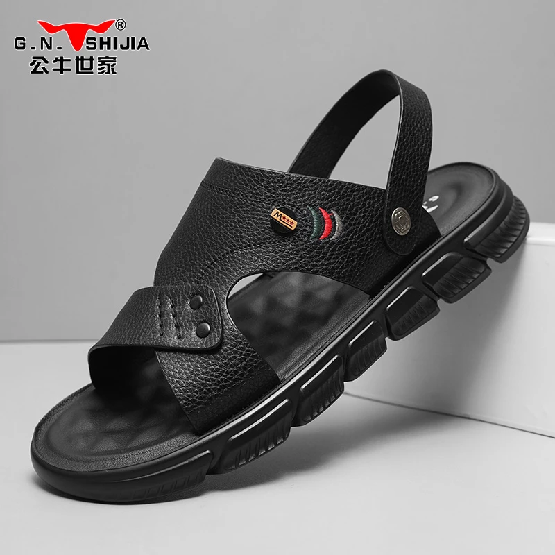 公牛世家皮凉鞋男外穿夏季新款户外两穿凉拖鞋男爸爸开车休闲拖鞋
