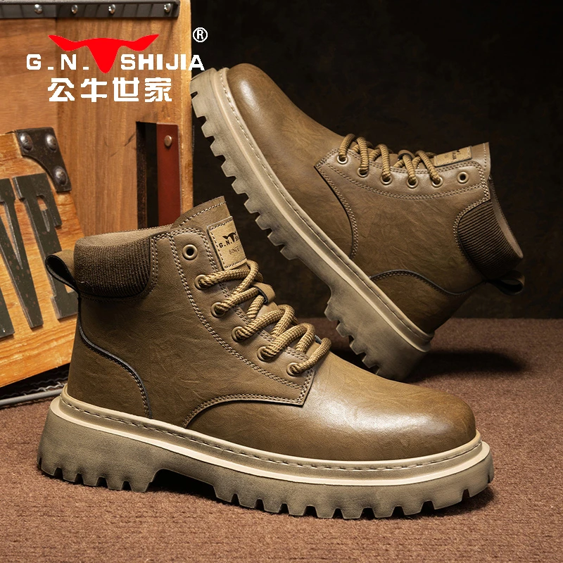 公牛世家马丁靴男英伦风中帮男士厚底百搭皮靴子秋季休闲高帮男鞋