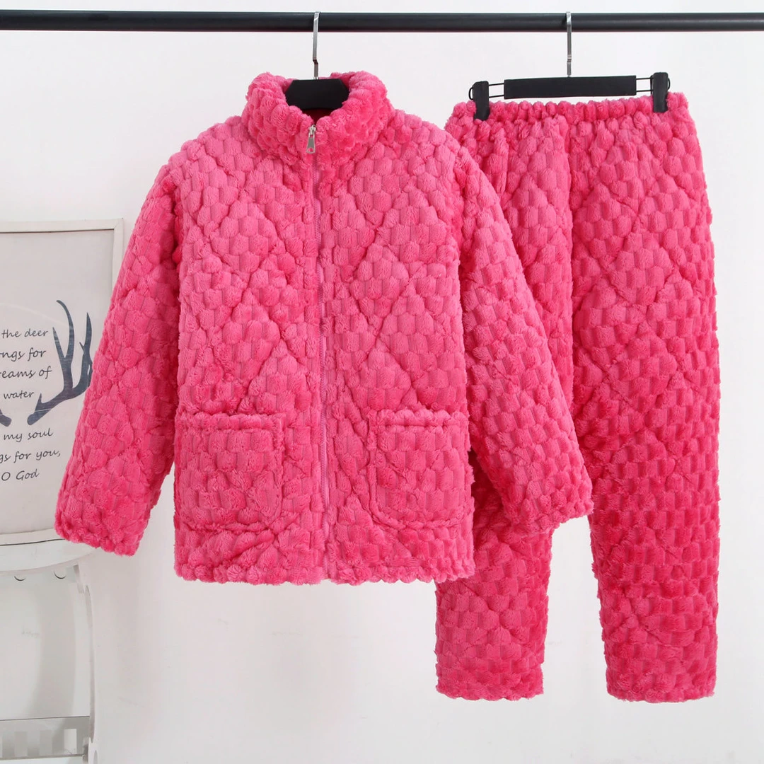 睡衣加厚女冬法兰绒保暖家居服套装中青年大码三层加厚可外穿时尚