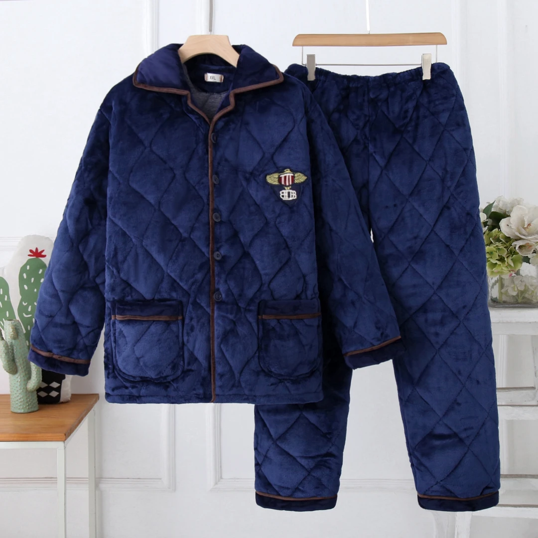 睡衣加厚男冬可外穿三层夹棉加绒家居服套装简约时尚法兰绒可外穿