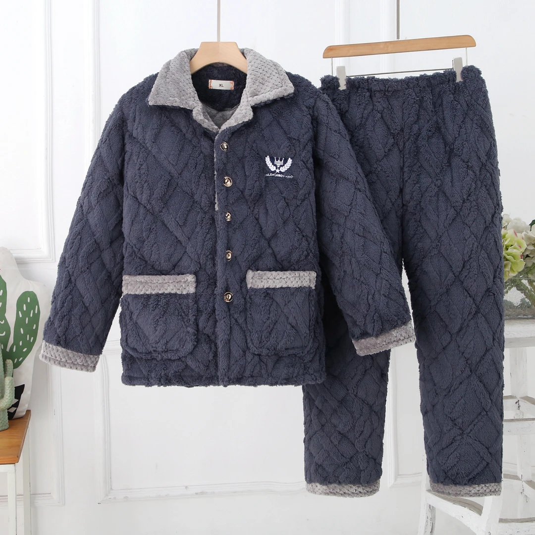 加厚睡衣男士冬季法兰绒三层夹棉家居服可外穿大码套装简约中老年
