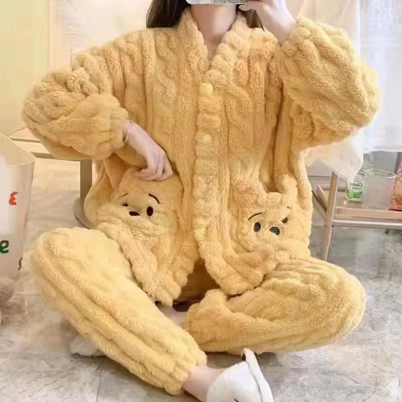 睡衣家居服女士春秋款双面绒法兰绒面料时尚可外穿简约休闲风套装