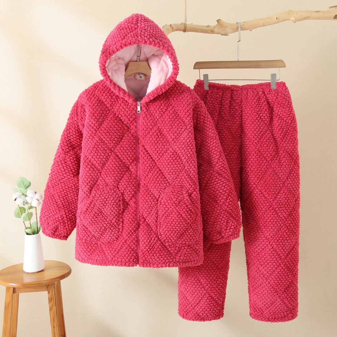 帽子睡衣拉链女冬季三层加绒连帽可外穿简约时尚家居服套装玫瑰绒