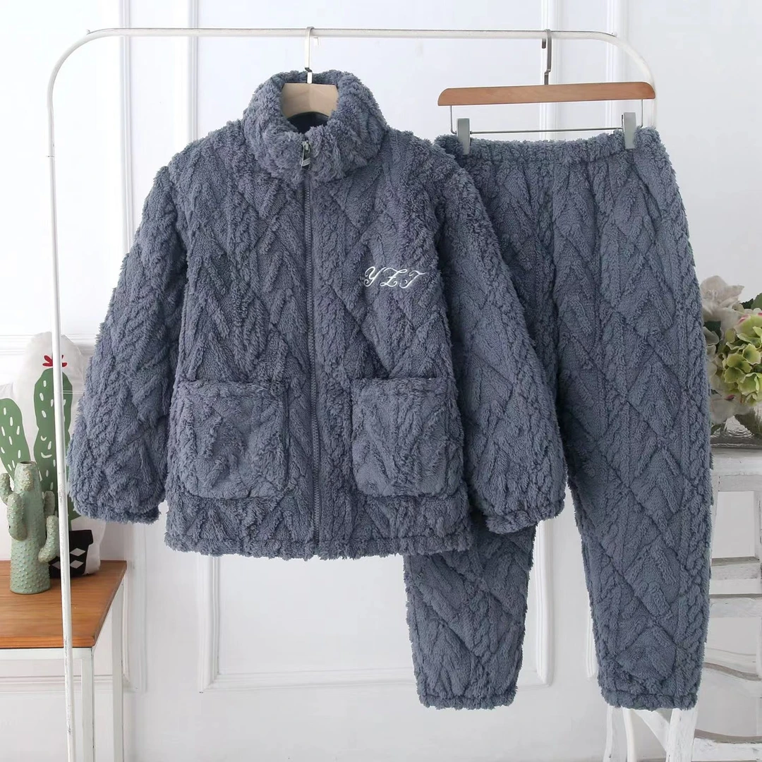拉链睡衣立领情侣三层加厚法兰绒冬加厚可外穿三层夹棉家居服套装