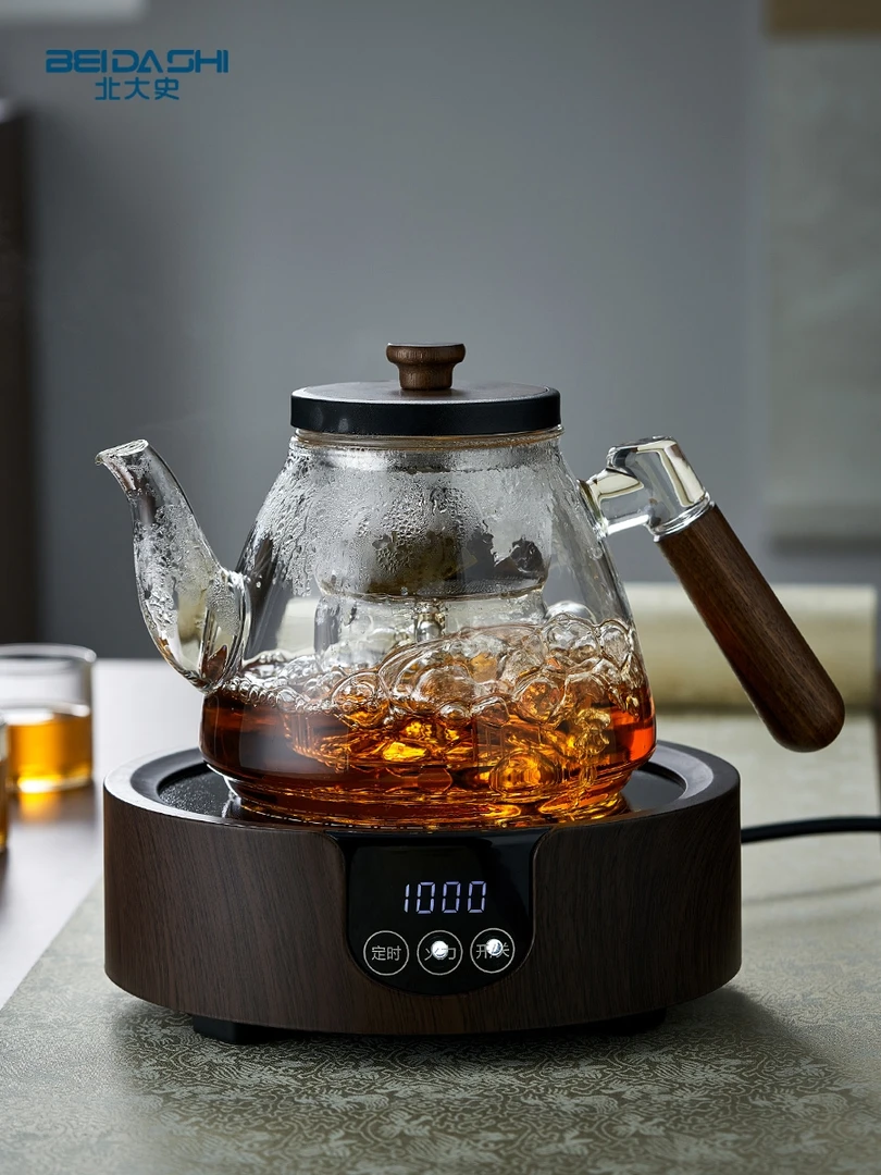 北大史蒸煮一体加厚高硼硅耐热玻璃壶木盖煮茶蒸茶烧水壶