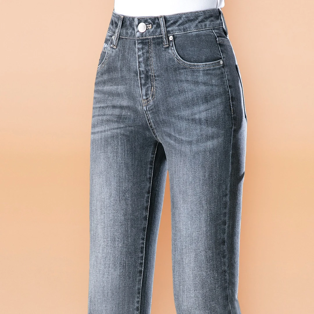 秋季中年女裤烟灰色弹力小直筒牛仔裤秋天薄款高个子女人长裤显瘦
