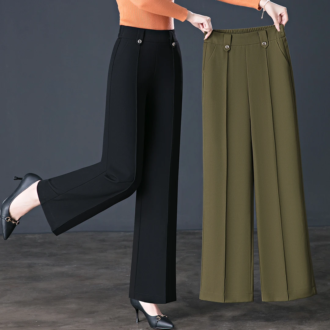 2025秋季新款中年女裤松紧腰垂顺免烫阔腿裤秋装女士休闲直筒长裤