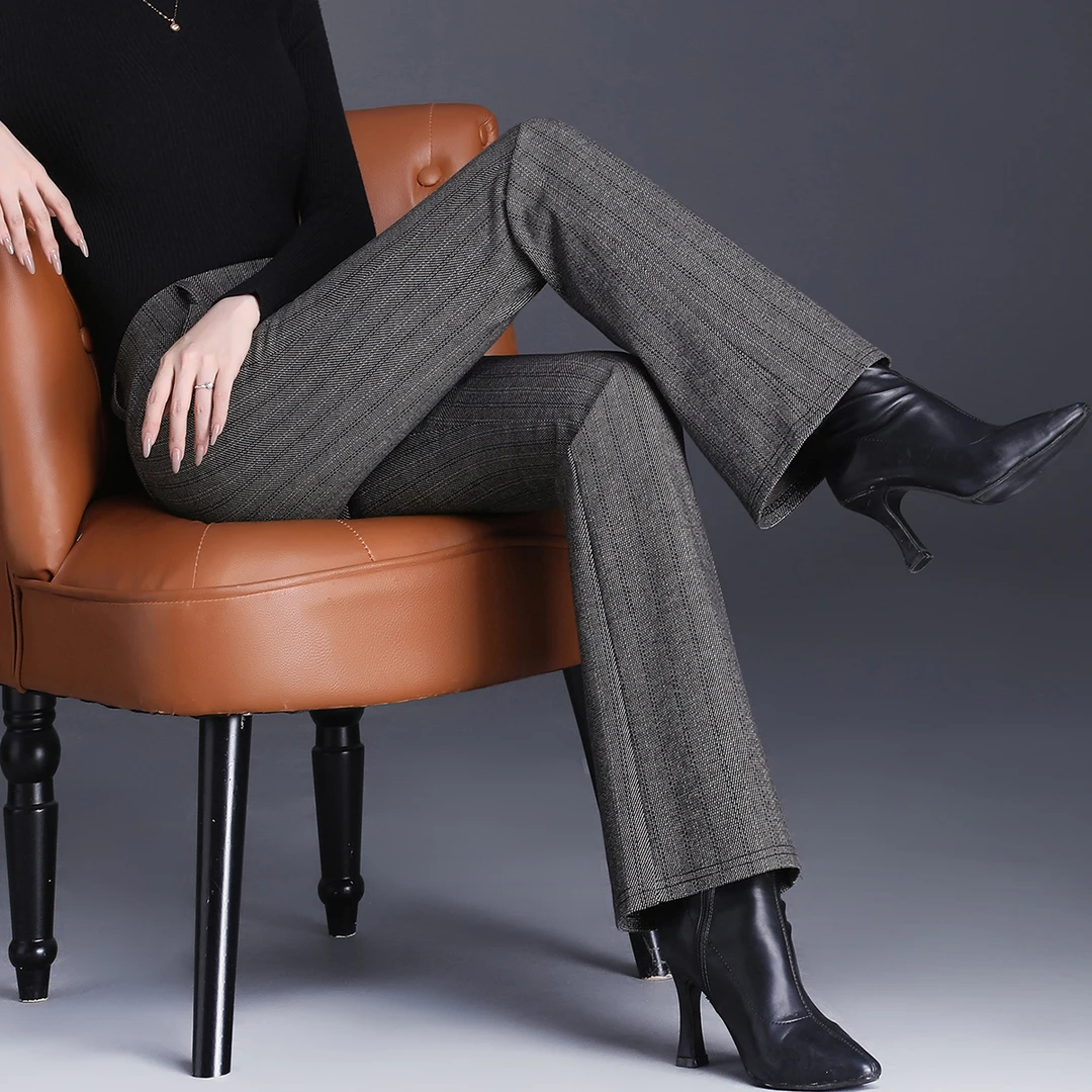 2025秋季新款女士厚款毛呢微喇长裤修身显瘦条纹休闲喇叭裤秋冬款