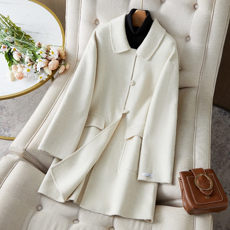 23091白色双面羊毛大衣女短款小个子2025年秋冬新款毛呢外套