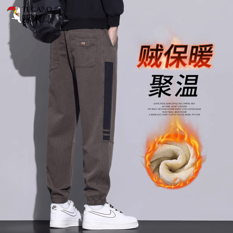 啄木鸟男士2023新款秋冬季加绒宽松保暖休闲裤时尚加厚百搭工装裤