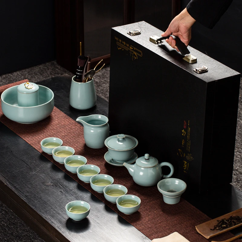 天青仿古汝窑茶具整套家用中式复古壶开片汝瓷茶壶盖碗茶道泡茶器