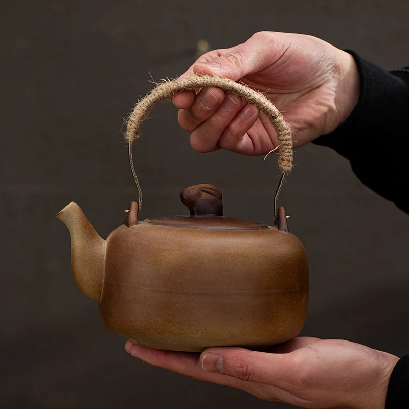 温茶壶煮茶壶仿柴烧提梁壶泡茶器仿古手提粗陶茶具家用泡茶壶单壶