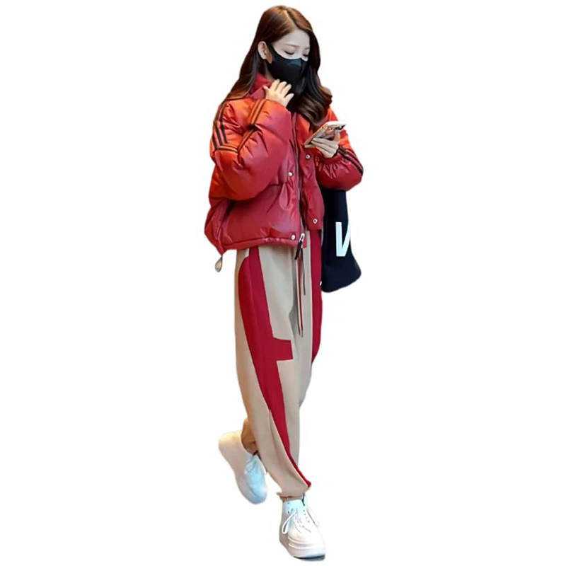 韩版冬季新年红色面包服套装女2022高级感气质炸街时尚洋气两件套