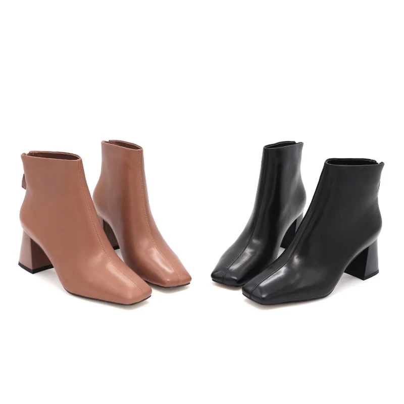 秋冬新款胎牛皮方头粗跟后拉链通勤时装靴女302874