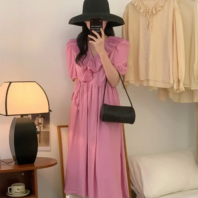 （小仙女）韩国2023夏季甜美风小众设计感娃娃领仙女长裙