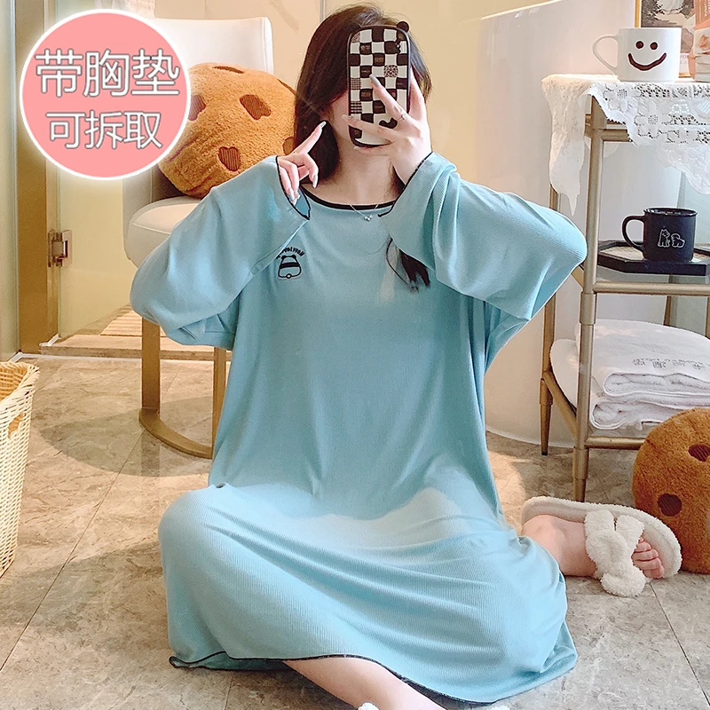 睡衣女士春秋季长袖莫代尔棉带胸垫防凸点200斤大码新款胖MM睡裙