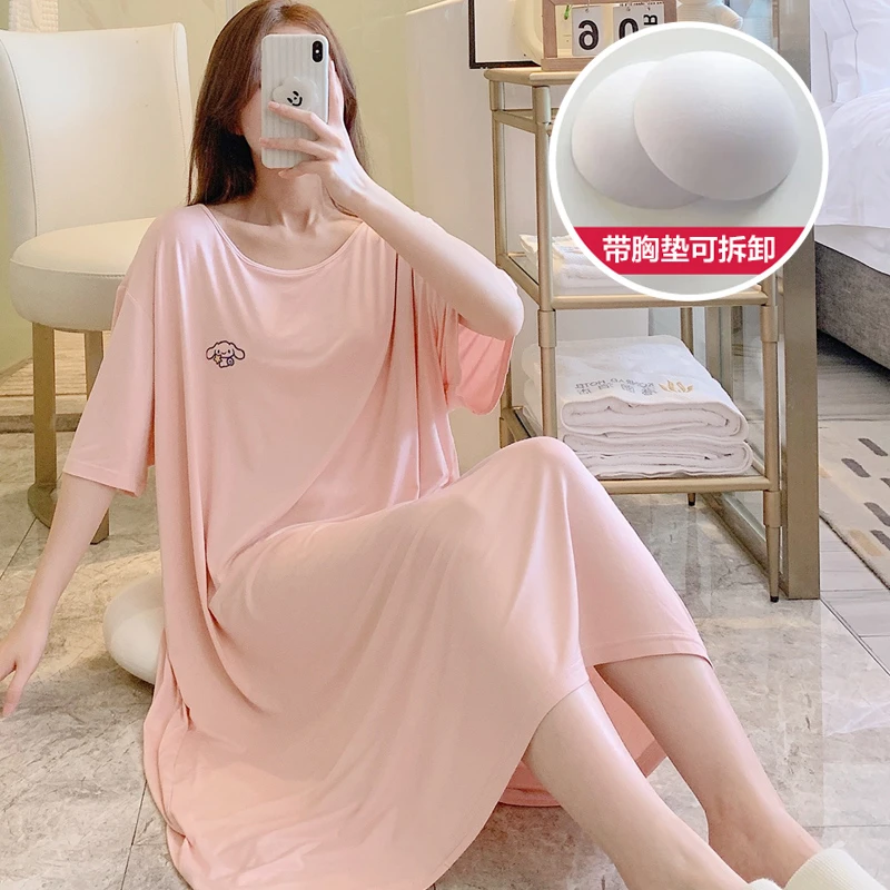 【带胸垫】粉色甜美大码睡衣女夏短袖莫代尔棉透气200斤孕妇睡裙