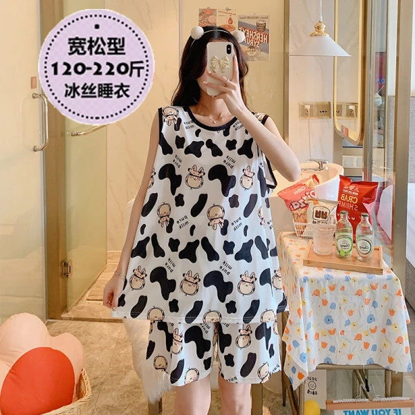 奶牛睡衣女无袖胖mm夏短袖薄冰丝凉快宽松大码200斤背心短裤套装