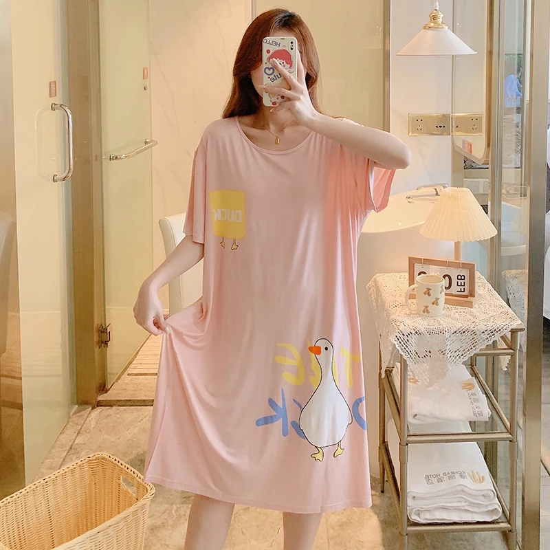 薄款宽松莫代尔胖妹M大码250斤睡衣女夏季甜美中长睡裙休闲家居服