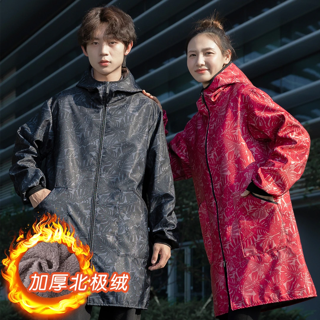 加绒加厚防水成人中长款工作服保暖迷彩耐脏连帽外穿防风抗寒罩衣