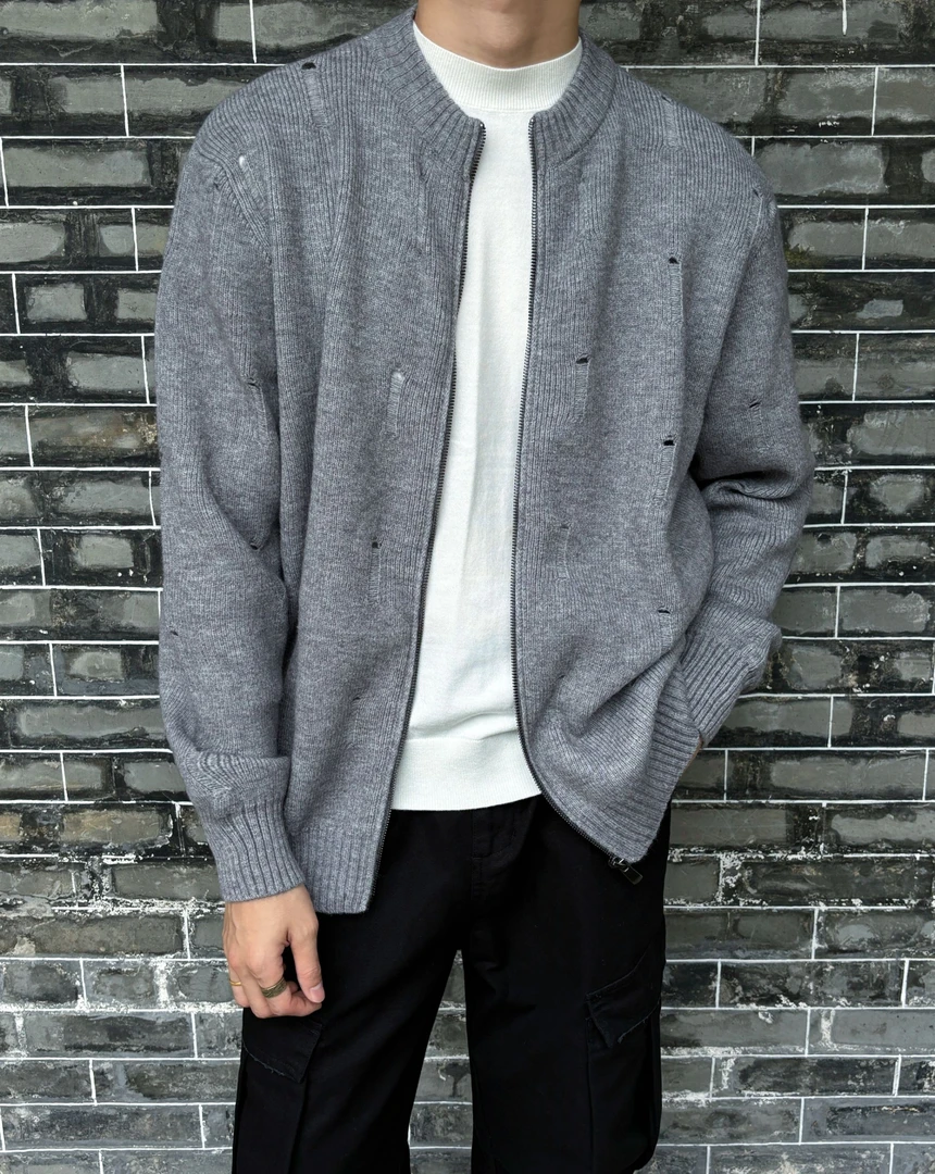 24FW 【抓痕破洞】罗纹领口简约百搭针织开衫毛衣