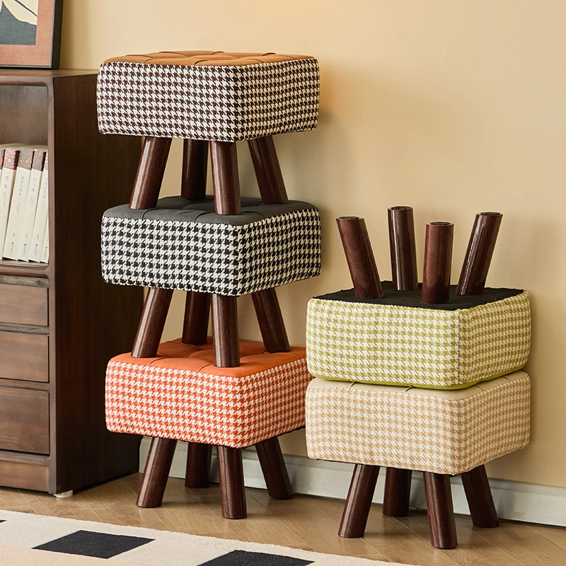 千鸟格四星钉矮凳实木框架小凳子软包凳茶几凳客厅凳换鞋凳多颜色