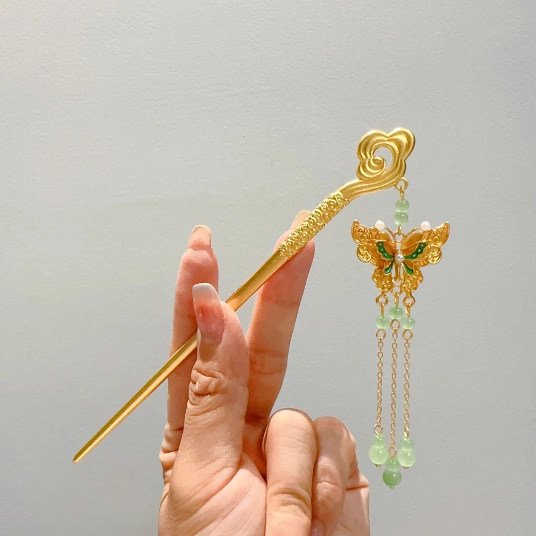 复古金色蝴蝶流苏发簪国风小众设计高级感簪子古风步摇汉服配饰件
