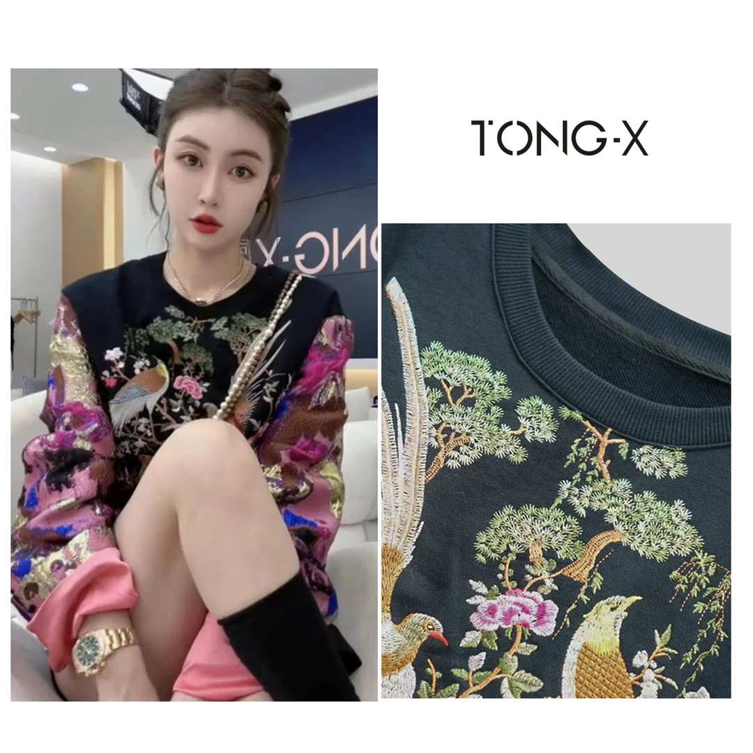 【同瑄品牌】初秋新款时尚重工百搭网红圆领显瘦休闲刺绣卫衣 G3006